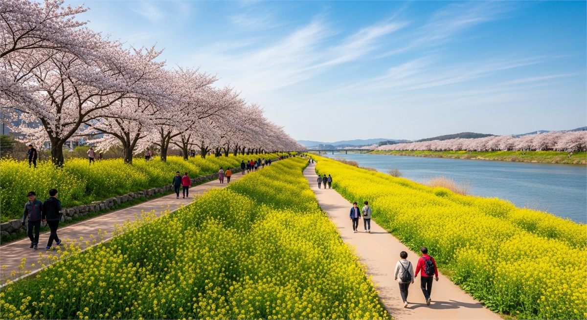 강변 산책로 주변에 유채꽃과 벚꽃이 펼쳐진 전경 