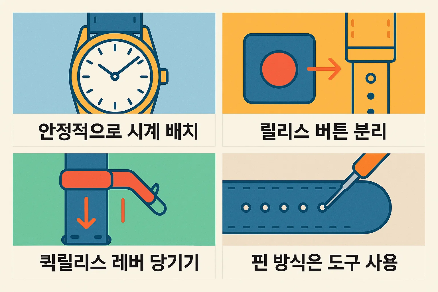 스마트워치 시계줄을 안전하게 분리하기 위한 시계 배치, 릴리스 버튼 해제, 퀵릴리스 레버 사용법, 핀 방식 분리 도구 활용 등 필수 제거 절차를 보여주는 단계별 설명 인포그래픽