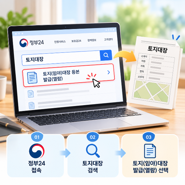 정부24에서 토지대장을 검색해 무료열람과 인터넷 발급을 신청하는 방법을 안내하는 이미지