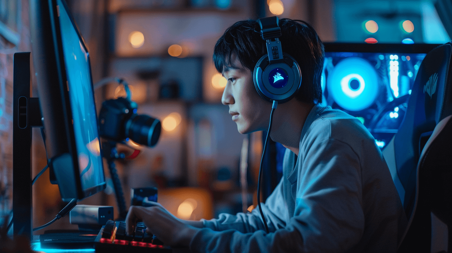 헤드셋을-끼고-컴퓨터-모니터를-바라보고-있는-남성-이미지