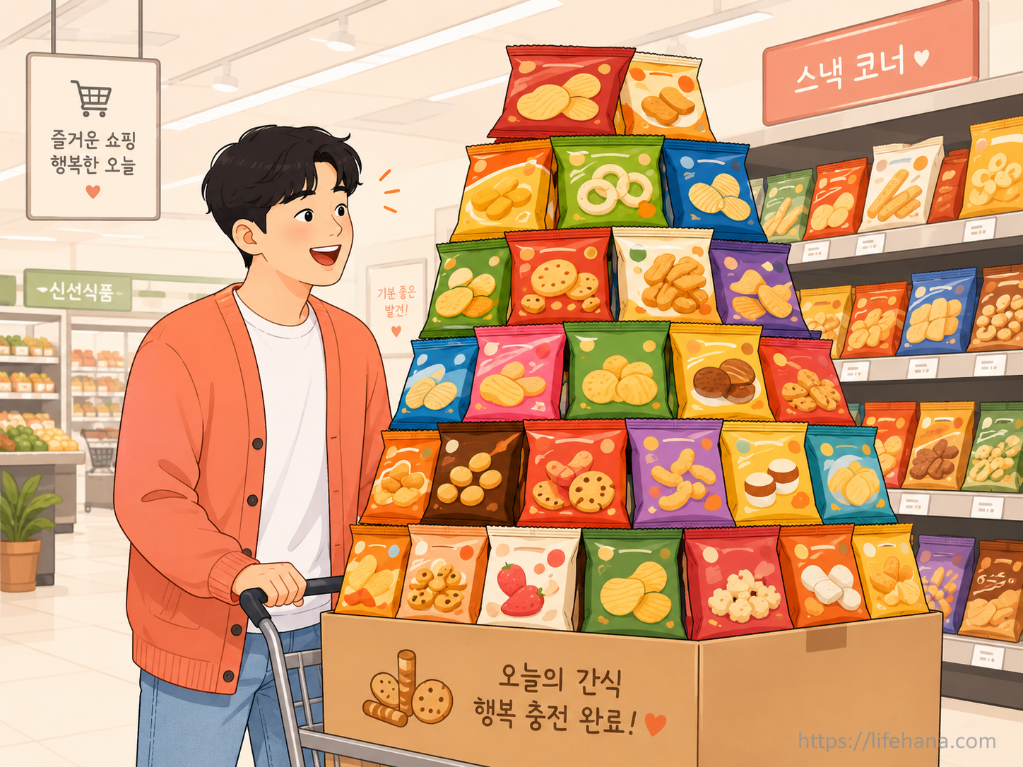 이마트 매장 오픈 전부터 입구에 길게 대기 줄을 선 인파와 무제한 골라담기 행사 안내판 전경