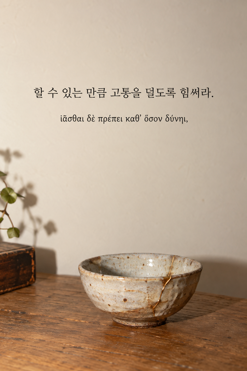 할 수 있는 만큼 고통을 덜도록 힘써라. 이어 붙인 흔적이 보이는 도자기 그릇 배경에 한국어와 그리스어 원문을 담은 피타고라스 학파 명언 이미지