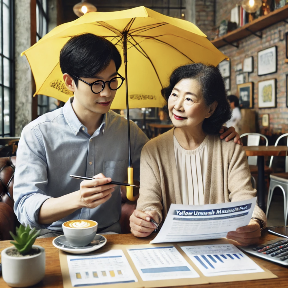 자영업자가 카페에서 금융 컨설턴트와 함께 노란우산공제 퇴직금 저축을 검토하는 모습