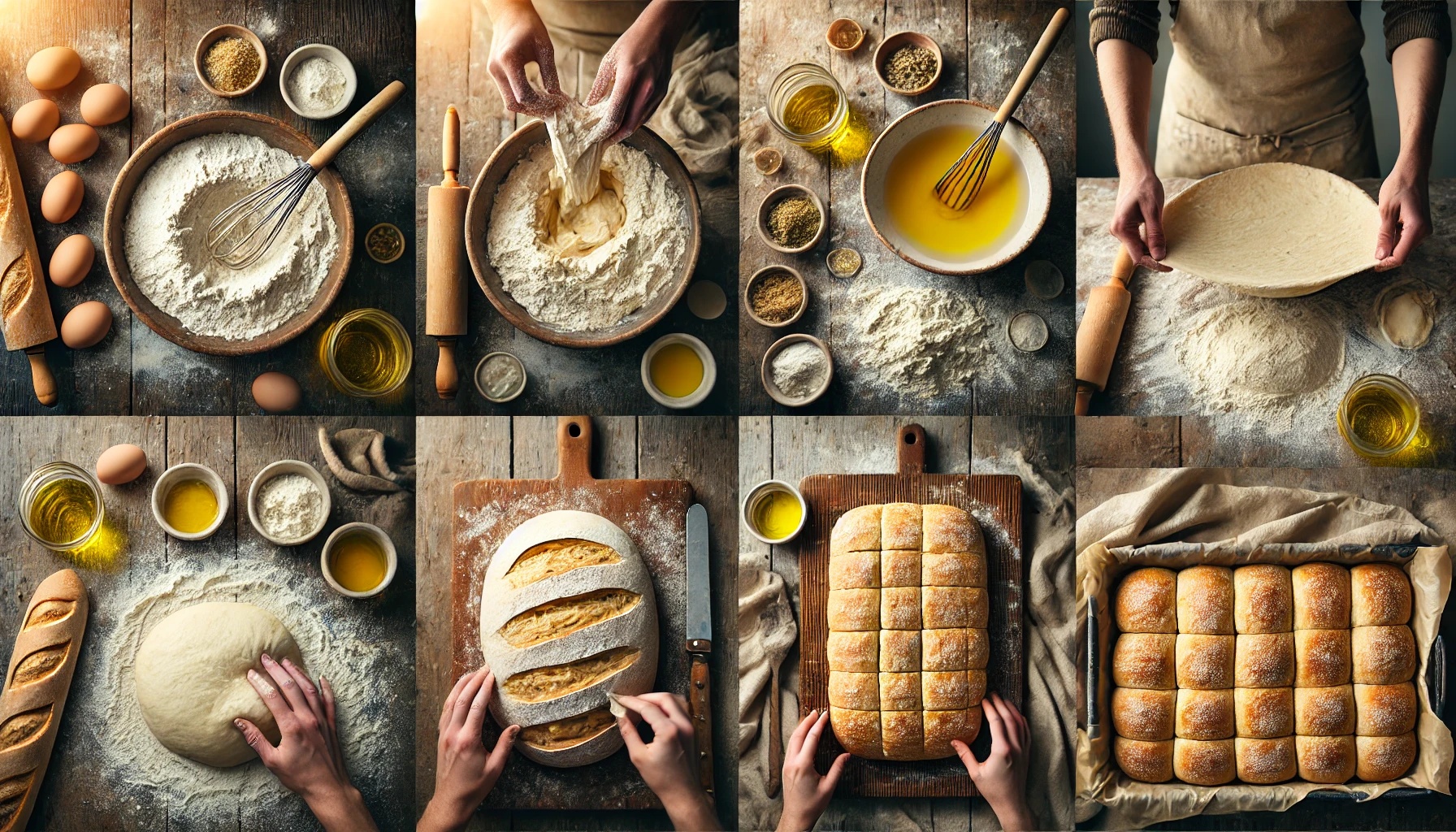 치아바타 만들기의 전 과정을 따뜻한 조명 아래 생생하게 담아냈습니다.