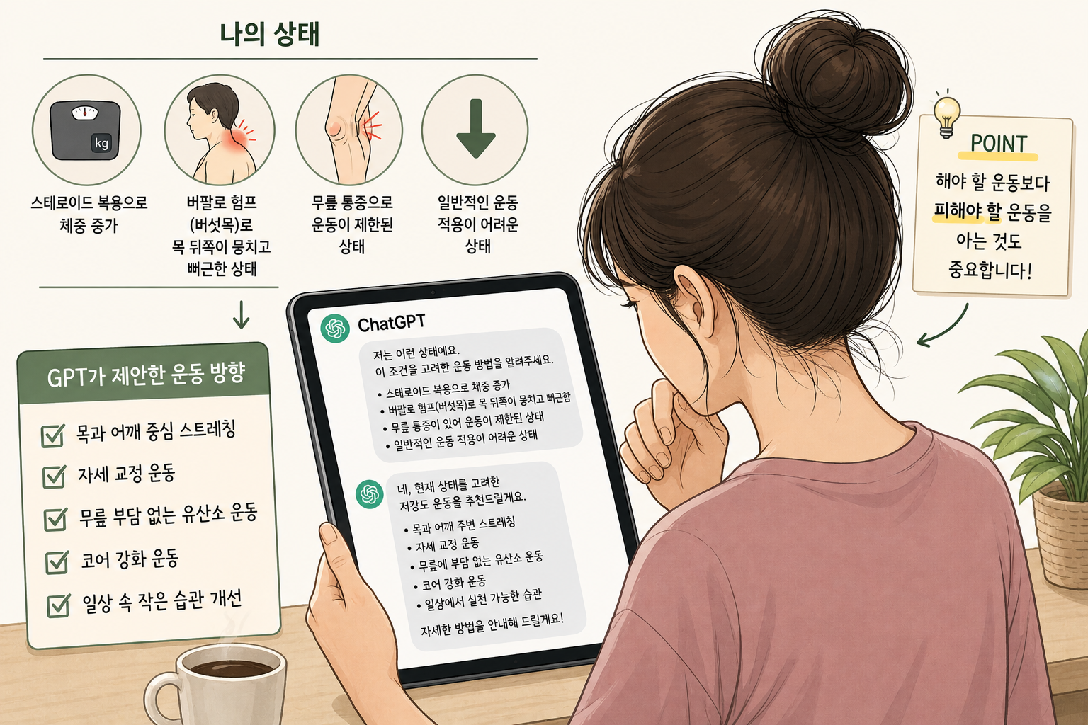 버펄로 험프와 무릎 통증 상태를 고려해 GPT로 맞춤 운동 루틴을 정리하는 모습