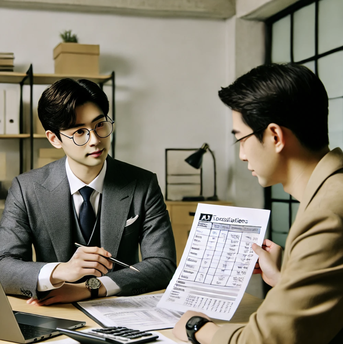 세무사가 자영업자에게 세금계산법을 설명하는 장면