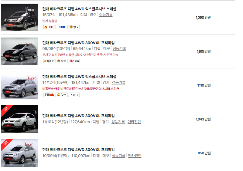 현대 베라크루즈 중고차 가격 시세표 24년10월