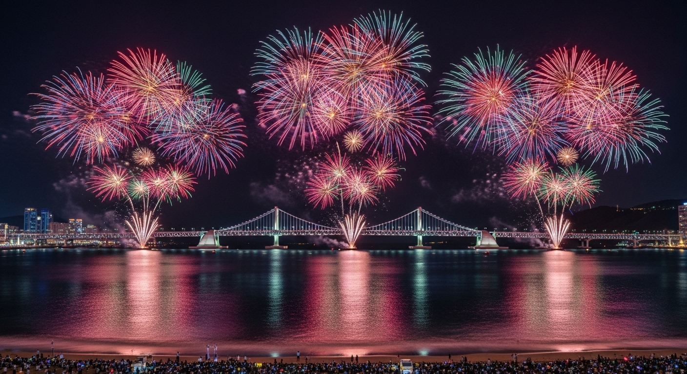 2025년 광안대교 위로 화려하게 터지는 부산 불꽃축제의 장관.