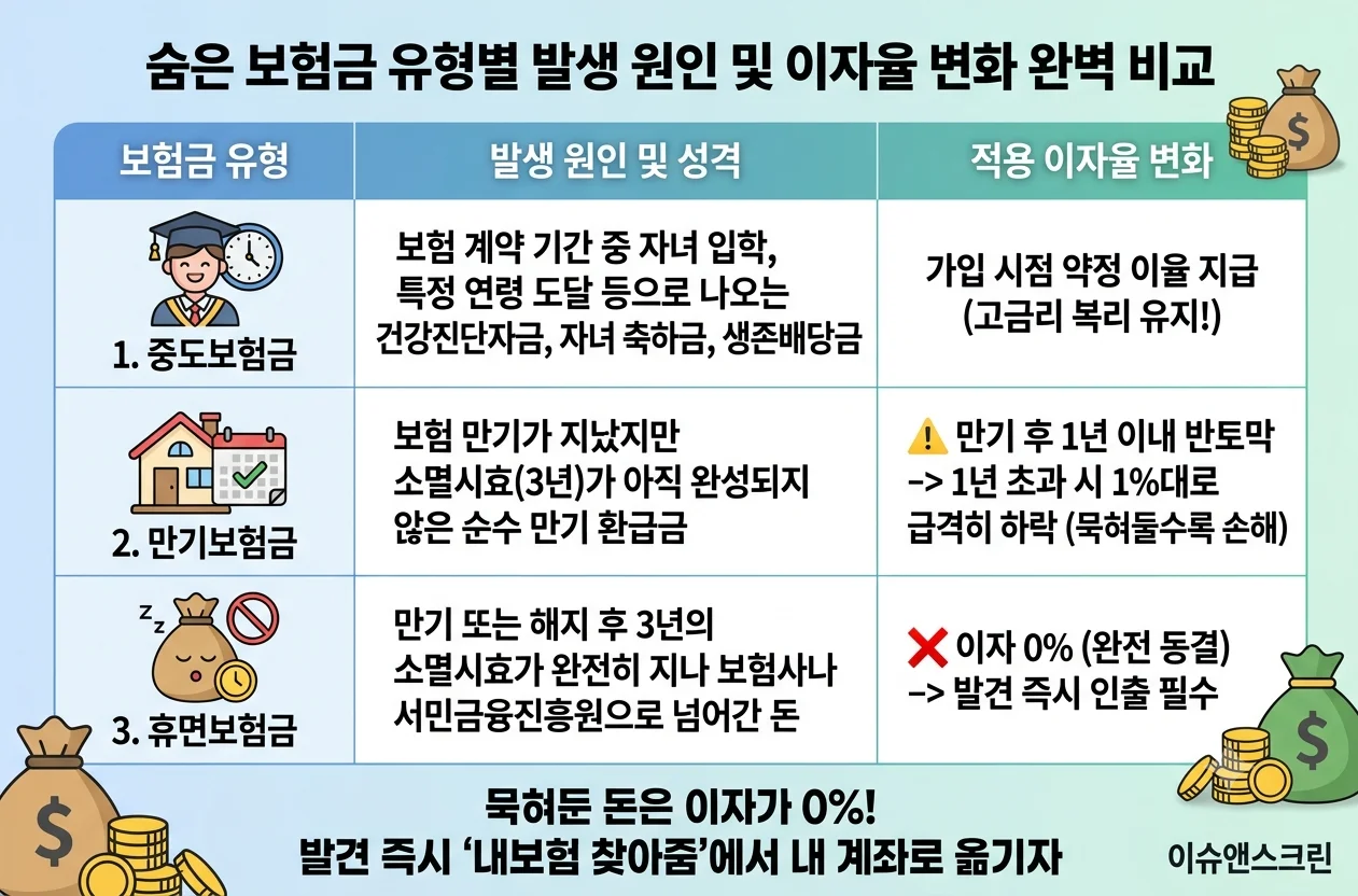 숨은 보험금 3대 유형 중도 만기 휴면보험금 차이 및 이자율 변동 비교표