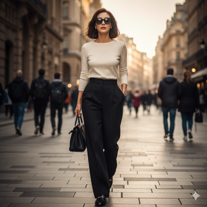 잘 맞는 와이드 슬랙스를 입고 자신감 있게 걷는 여성의 모습
