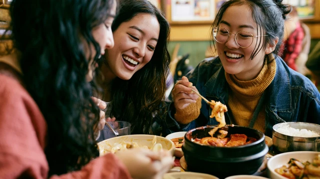 식당 앞에서 줄을 서는 모임 참가자들