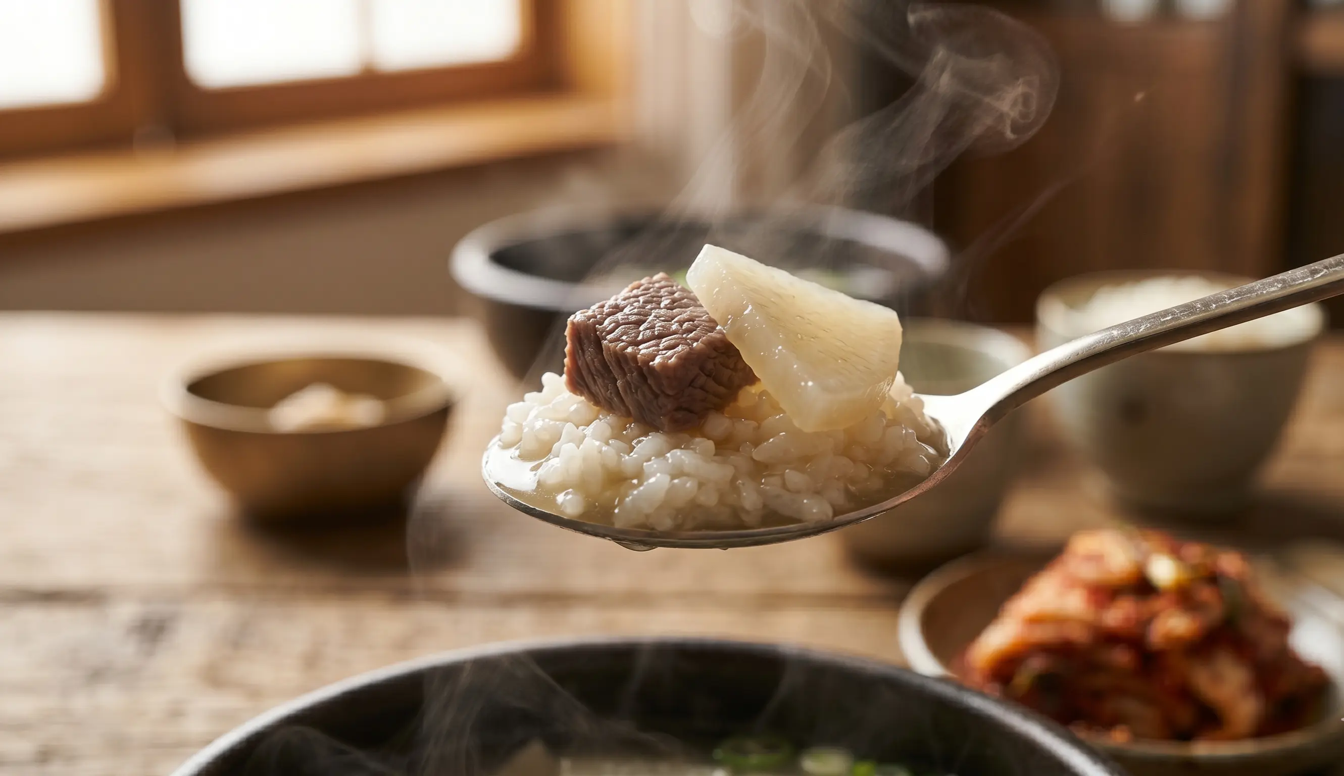 밥을 말아서 소고기와 무를 밥과 함께 떠서 먹으면 하루의 피로가 풀리면서 엄마의 밥상을 받는 아련한 추억이 떠오릅니다. 내가 만들었지만요.