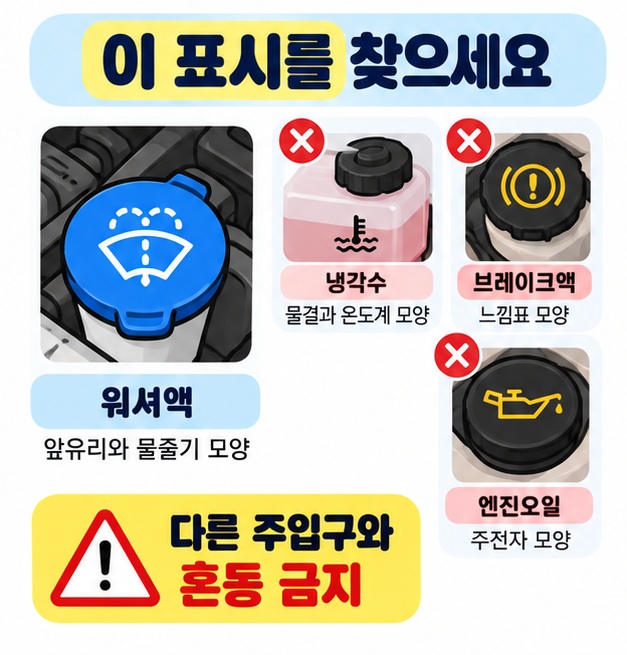 앞유리와 물줄기 그림이 워셔액 표시이며 냉각수, 브레이크액, 엔진오일 주입구와 혼동하면 안 됨을 비교한 카드