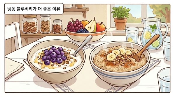 화이트 톤의 정갈한 주방 테이블 위에 보라색 냉동 블루베리가 듬뿍 올라간 요거트 볼과 김이 모락모락 나는 따뜻한 오트밀 그릇이 대비를 이루며 놓여 있는 모습의 만화 이미지. "냉동블루베리가 더 좋은 이유"라는 문구가 보인다.