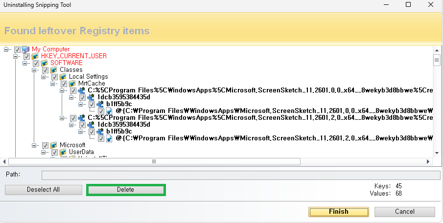 Delete로 제거 후 Finish