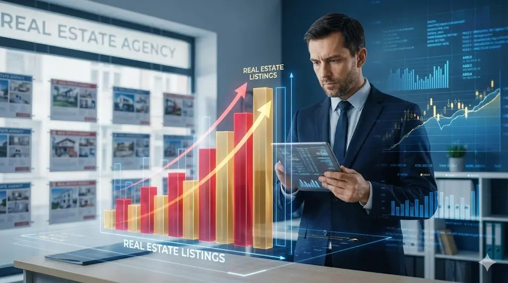 부동산 매물이 급격히 증가하는 그래프를 심각하게 분석하고 있는 정장 차림의 부동산 전문가