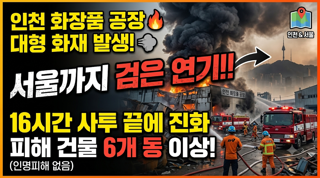 인천 화장품 공장 대형 화재 발생! 서울까지 검은 연기!! 16시간 사투 끝에 진화 피해 건물 6개 동 이상!