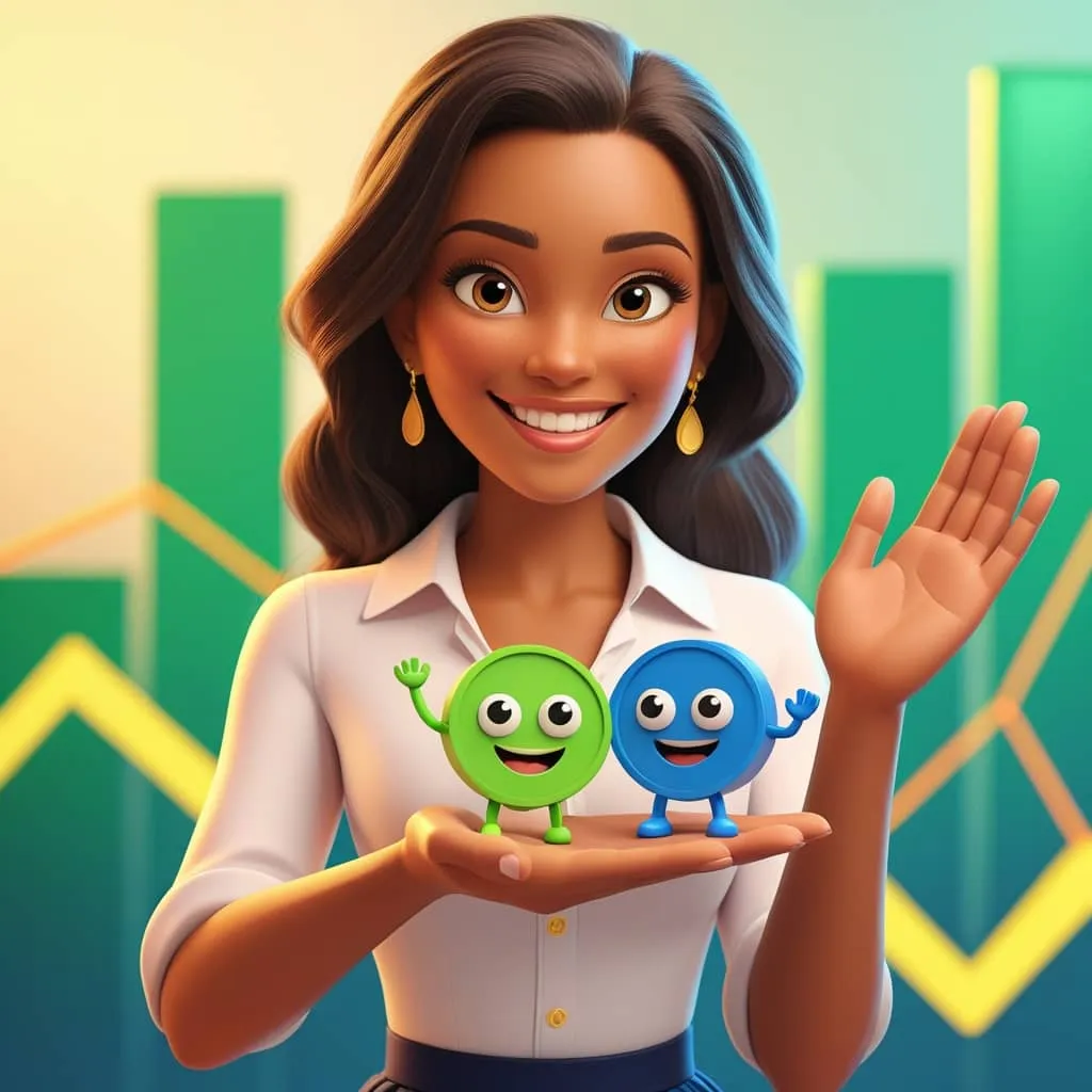 미국 스테이블코인 여성 CEO가 의인화된 USDT 코인과 USDC 코인을 손 바닥 위에 올려 놓고 인사하고 있는 모습의 이미지.