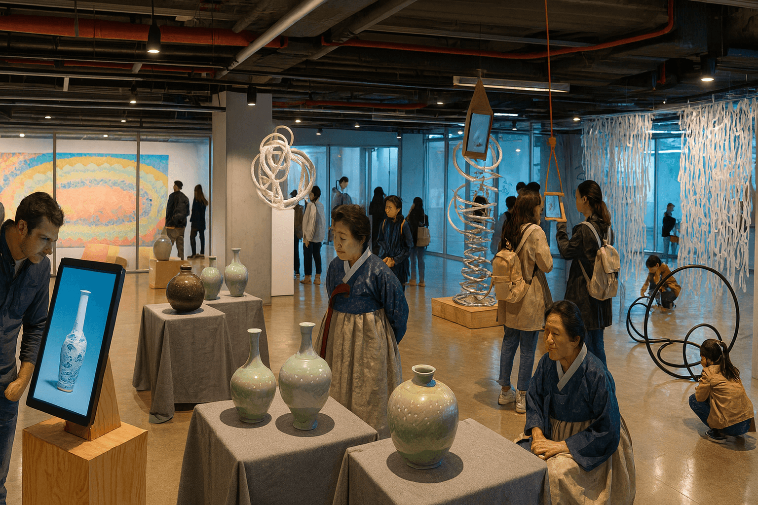 관람객이 전통 공예와 디지털 체험 공간을 함께 즐기는 장면 3