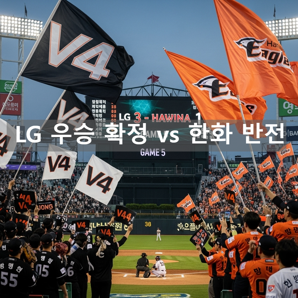2025년 한국시리즈 5차전, LG 트윈스와 한화 이글스 팬들이 열정적으로 응원하는 가운데, 우승을 향한 긴장감 넘치는 경기 장면. 야구공과 배트가 강조된 역동적인 구성.