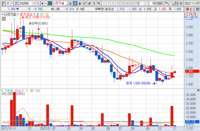 22년 11월 10일 나무기술 주봉 차트