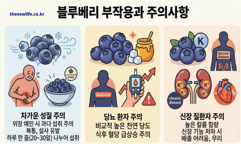 블루베리 효능 이면에 체질에 따라 발생할 수 있는 부작용과 섭취 시 주의사항을 시각화한 이미지