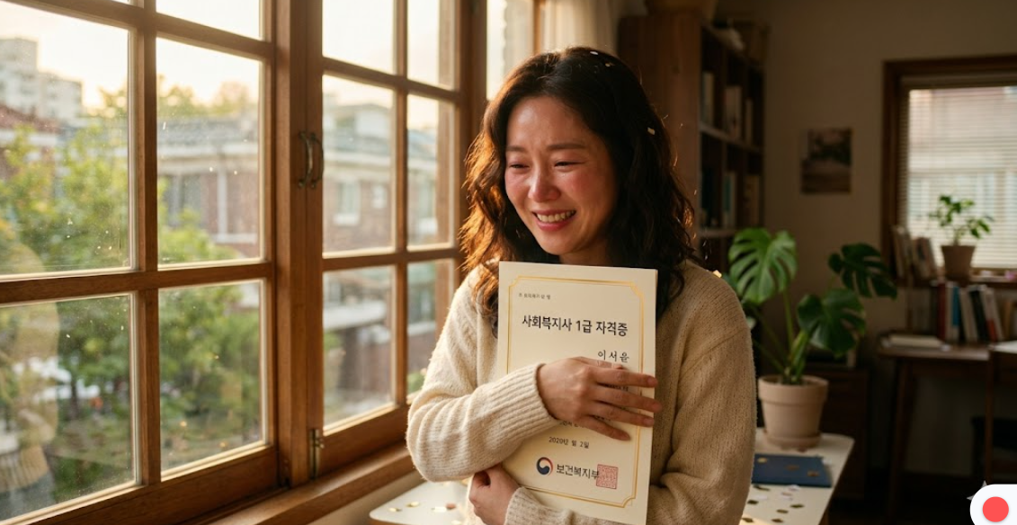 따뜻한 햇살이 비치는 창가에서 사회복지사 1급 합격증을 들고 환하게 웃는 한여성