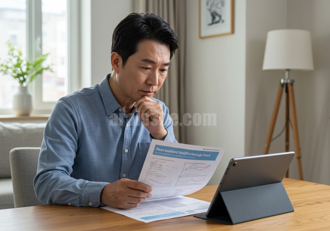 건강검진 결과지를 바탕으로 개인화된 건강 계획을 검토 중인 한국 중년 남성의 모습.
현대적인 실내 공간에서 태블릿과 문서를 활용해 차분한 표정으로 건강관리 전략을 고민하는 장면입니다.