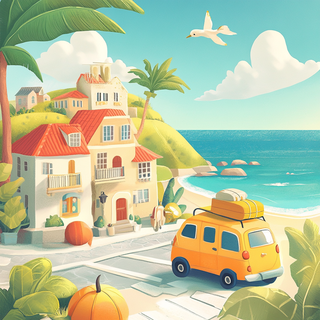 짐을 가지고 대기하고 있는 여행객 차량 일러스트