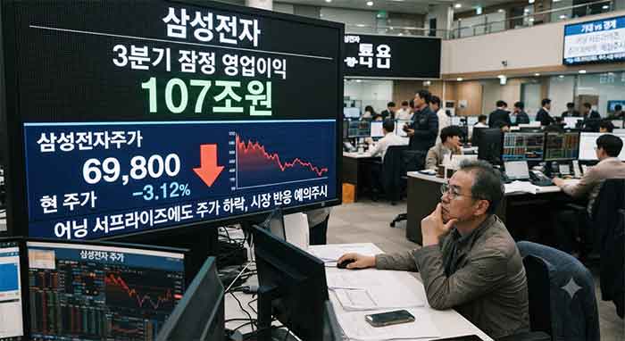 삼성전자 실적과 주가 하락을 모니터링하는 증권시장 모습.