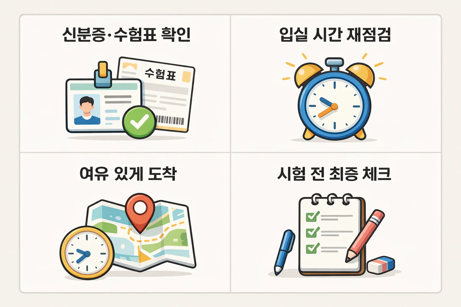 한식조리기능사 필기시험 당일 신분증·수험표 확인, 입실 시간 재확인, 여유 도착, 최종 점검까지 미리 준비하는 체크리스트 이미지