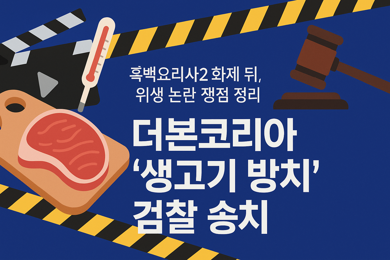 파란 배경 위에 도마와 생고기, 온도계, 경고 테이프, 법정 판사봉을 배치하고 ‘더본코리아 생고기 방치 검찰 송치’ 문구를 넣은 뉴스 썸네일