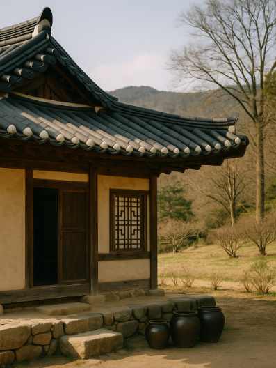 한옥 처마의 완만한 곡선과 중정의 빛이 비치는 장면 위로 오방색 팔레트가 겹쳐진 구성으로, 자연과 조화하는 전통 미학을 상징적으로 표현한 이미지.