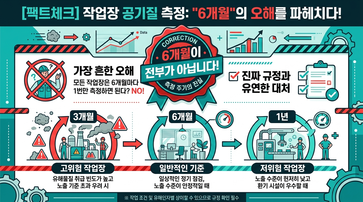 작업환경측정 주기 3단계 &mdash; 3개월&middot;6개월&middot;1년 기준과 미실시 과태료 3분 정리 인포그래픽