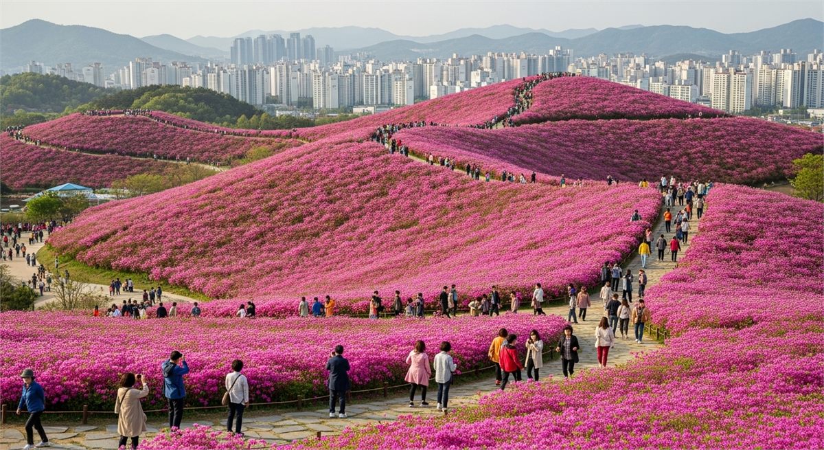 철쭉이 가득 핀 군포 철쭉동산의 넓은 전경 