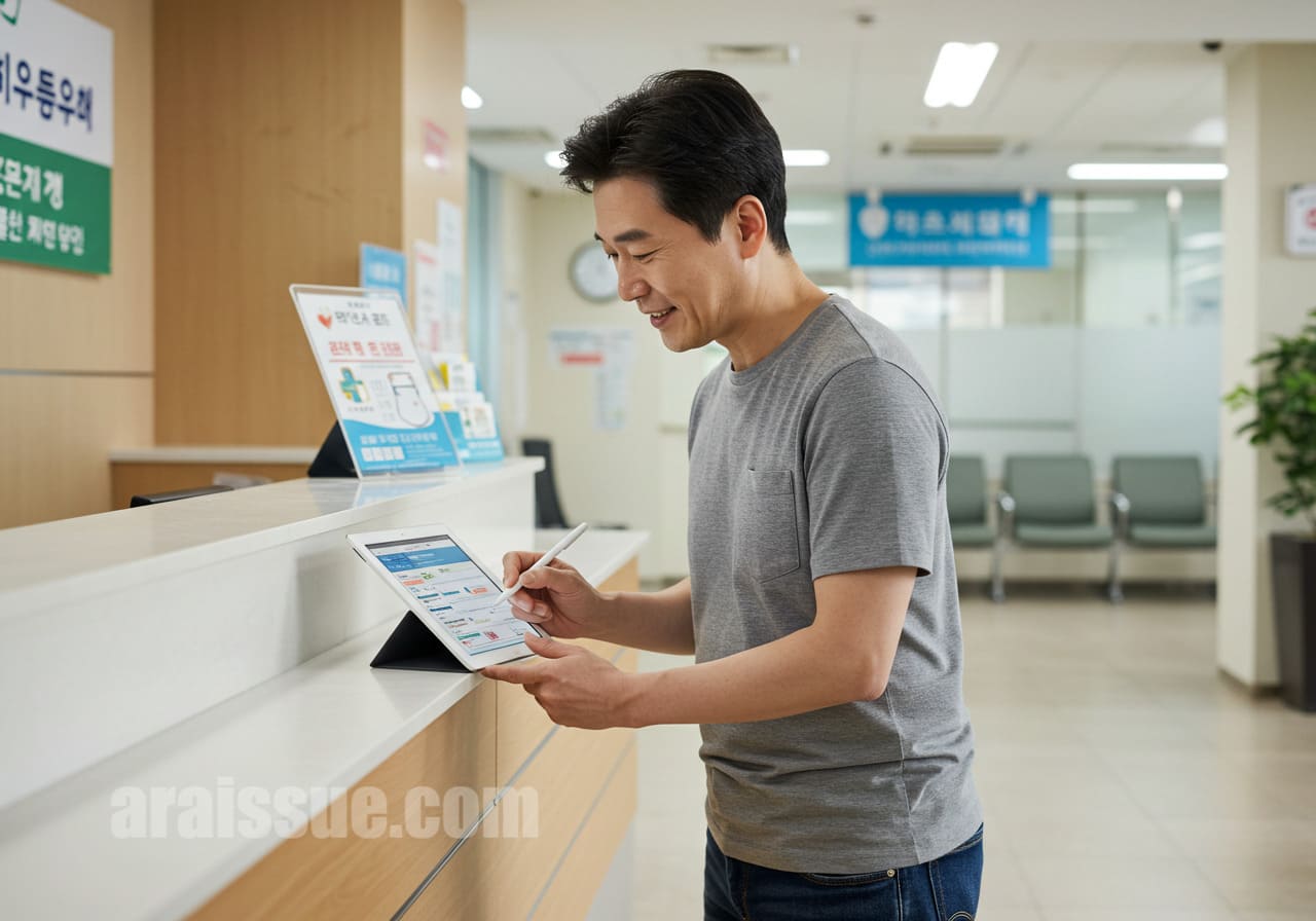 병원 접수대에서 태블릿을 이용해 건강검진을 신청하는 40대 한국 남성. 병원은 밝고 현대적인 인테리어로 구성되어 있습니다.