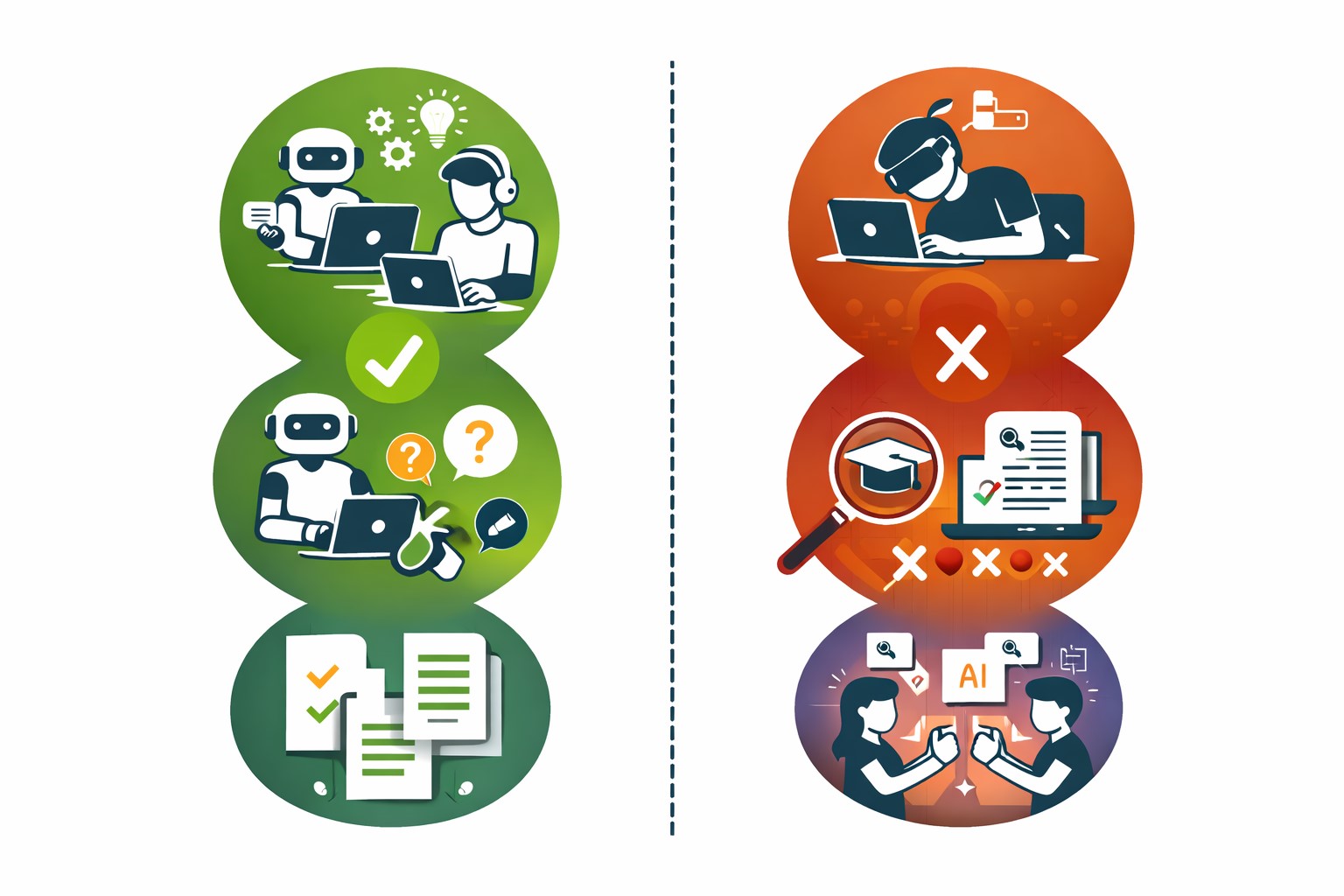 AI 교육에서 도움이 되는 활용과 문제가 되는 활용을 아이콘으로 대비한 텍스트 없는 다이어그램