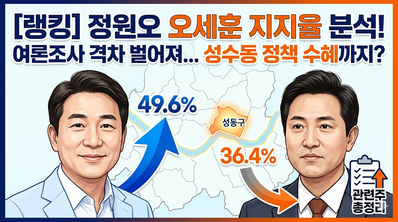 정원오 오세훈 지지율 분석! 여론조사 격차 벌어져... 성수동 정책 수혜까지?"라는 큰 글씨가 있습니다. 왼쪽에는 하늘색 수트를 입은 남성이 미소를 짓고 있으며, 그 위로 "49.6%"라는 숫자와 파란색 상승 화살표가 보입니다. 오른쪽에는 짙은 회색 수트를 입은 남성이 정면을 바라보고 있으며, 그 위로 "36.4%"라는 숫자와 주황색 하락 화살표가 보입니다. 성동구 지도 위에는 주황색으로 강조된 성동구와 한강이 보입니다. 오른쪽 하단에는 체크리스트와 화살표 아이콘이 있으며, 그 아래 "관련주 총정리"라고 쓰여 있습니다. 전체적으로 파란색과 주황색의 대비를 활용한 깔끔하고 정보 전달에 집중한 디자인입니다.