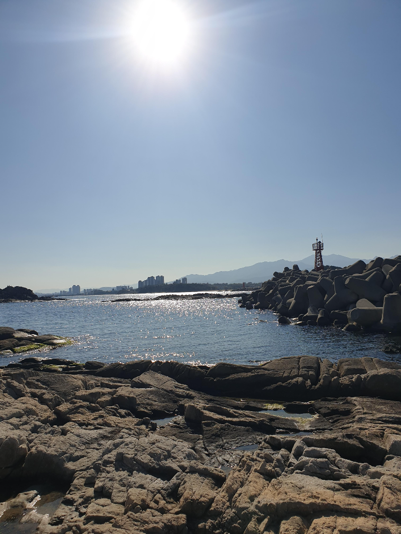 능파대 옆 바위와 바다가 만나는 곳. 멀리 작은 등대도 보인다.