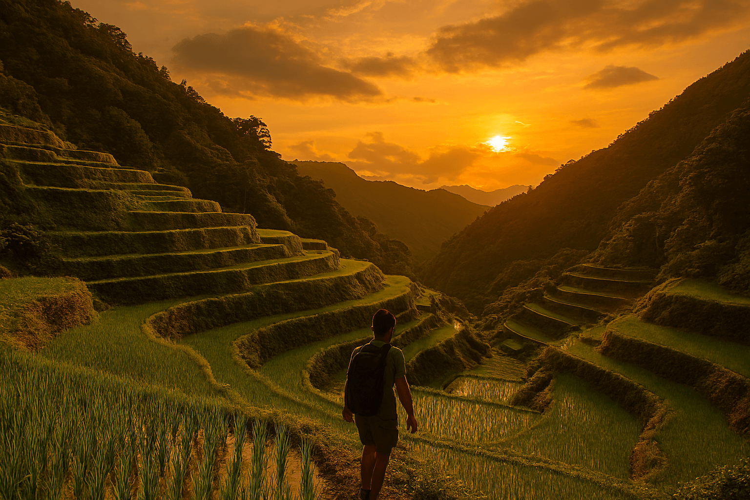 수확철을 맞아 황금빛으로 물든 바나우에 계단식 논 위로 해가 지는 아름다운 석양. 필리핀여행의 경이로운 순간이다.