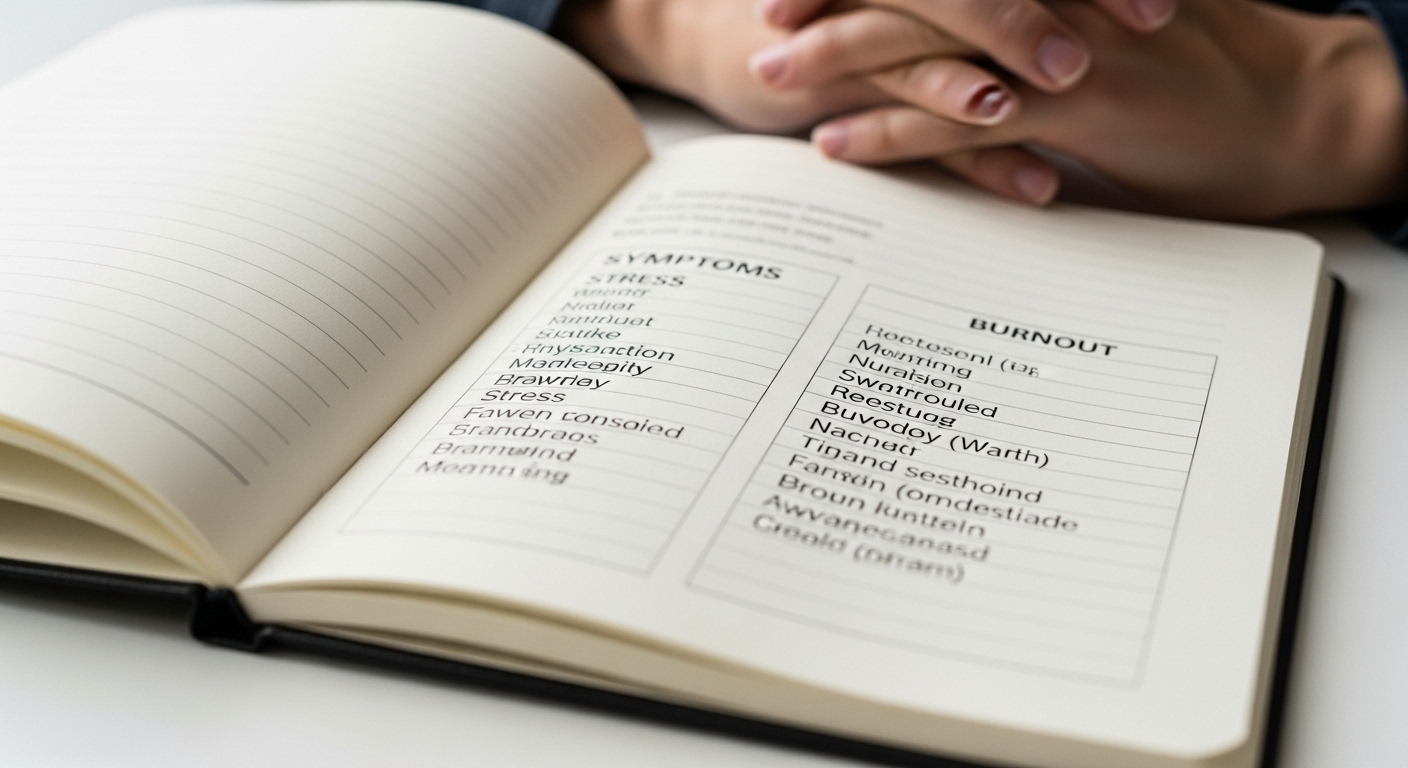 스트레스와 번아웃의 차이점을 비교하는 표가 그려진 노트와 펜을 든 손
