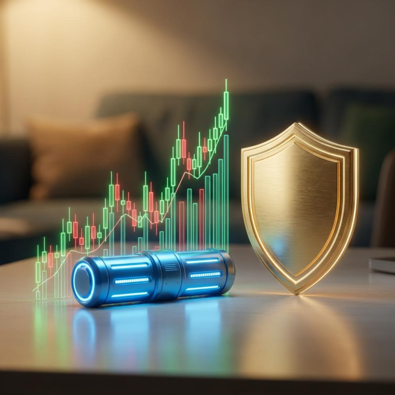 SMR 원자로와 상승하는 주식 차트 및 보호 방패 이미지