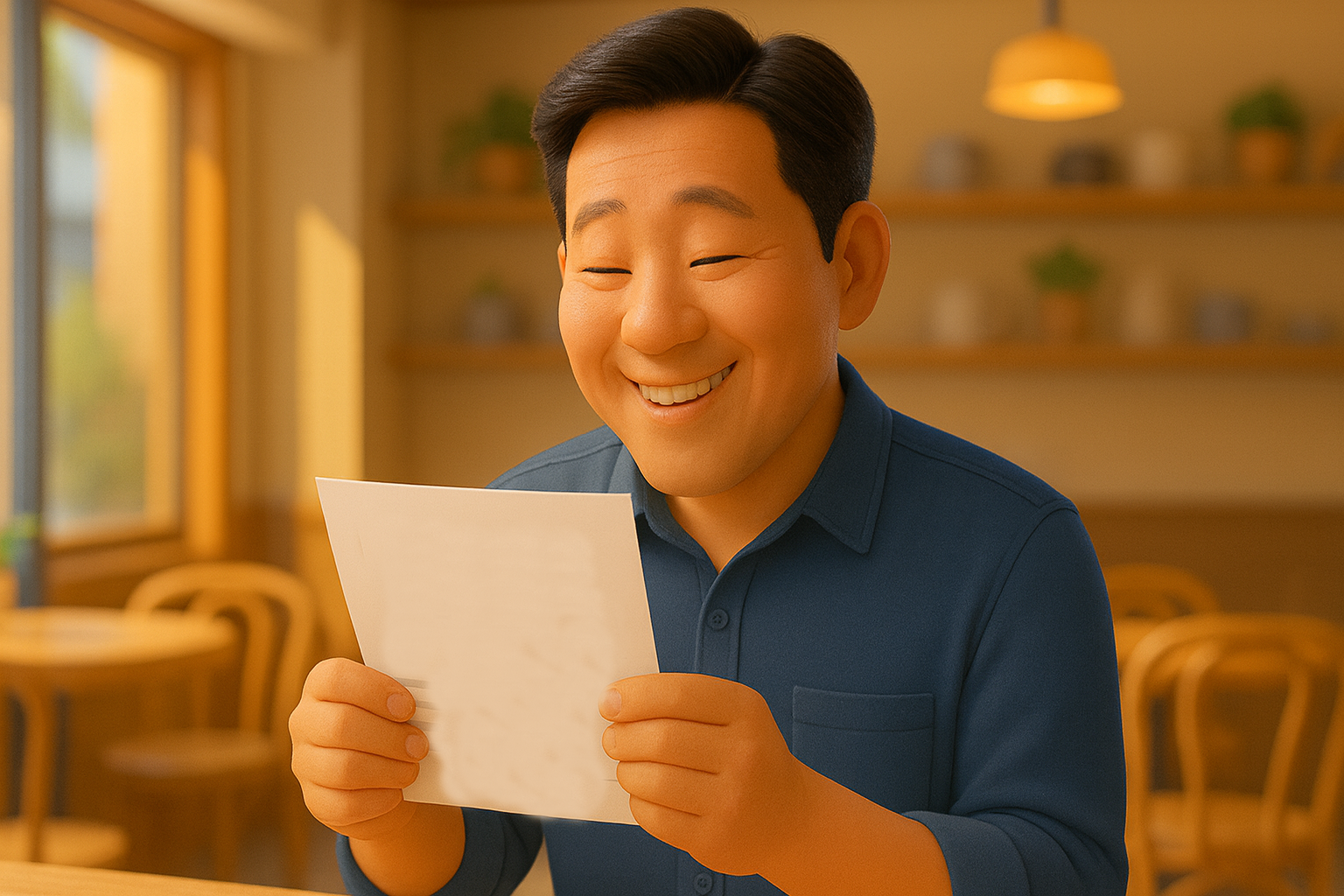 정부 기관으로부터 고용지원금을 받고 기뻐하는 소상공인 사장님의 모습