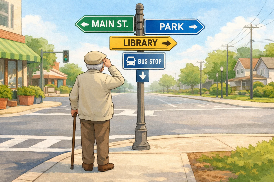 익숙한 길에서도 방향 감각을 잃은 노인의 모습으로 시공간 인지 저하를 표현한 장면
