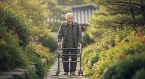 어르신이 보조기구를 사용해 걷는 모습