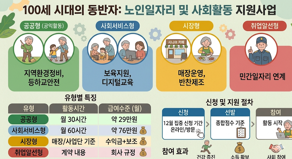 노인일자리 및 사회활동 지원사업의 유형, 활동 내용, 급여 수준, 신청 절차를 안내하는 인포그래픽