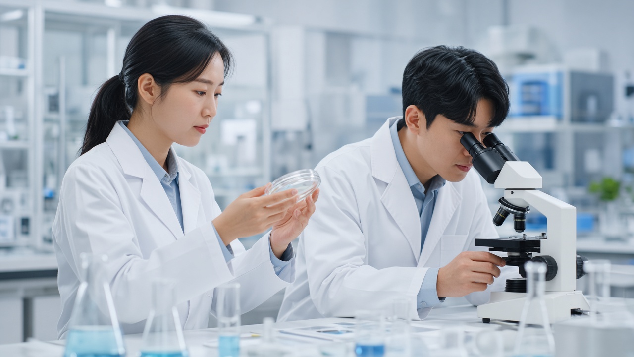 밝은 바이오 연구실에서 흰 가운을 입은 한국인 연구원 두 명이 페트리 접시와 현미경으로 실험하는 모습