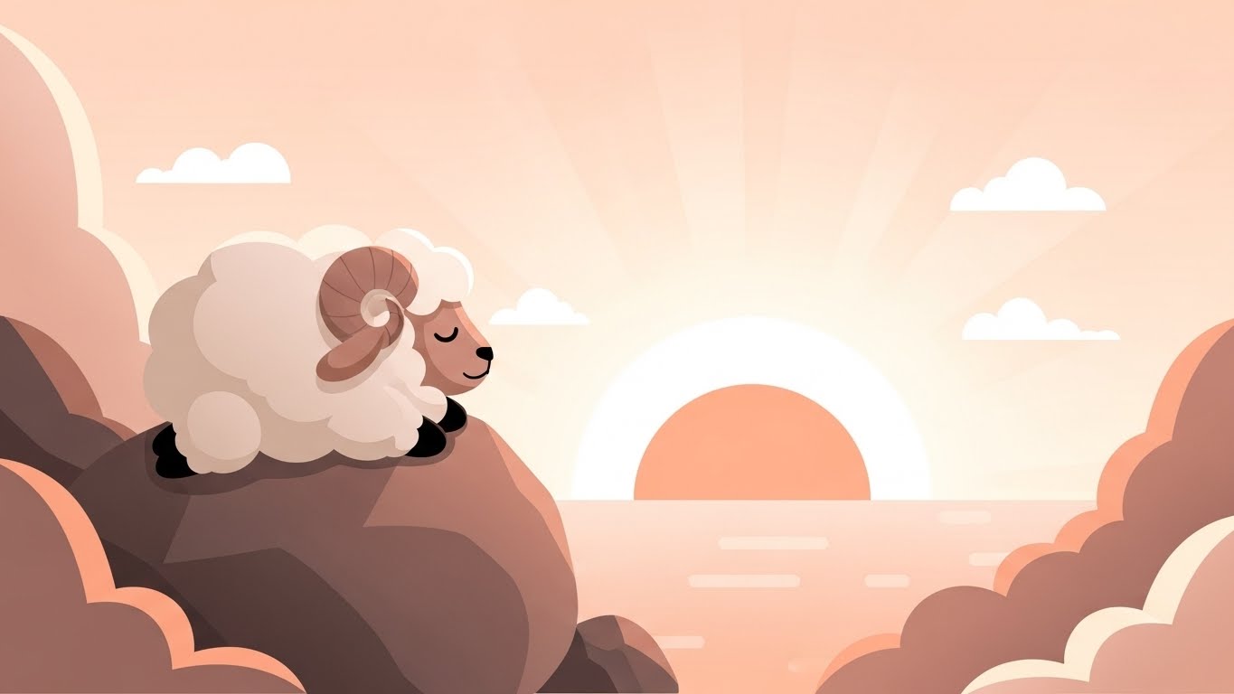 일출을 바라보며 바위 위에서 평온한 휴식을 취하고 인적 조화를 꿈꾸는 다정한 양띠 캐릭터 그래픽