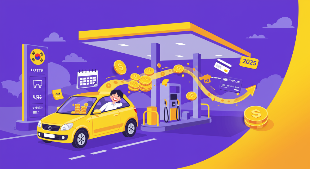 2025년 경차 유류세 환급 혜택을 통해 주유비를 절약하는 경차 운전자의 모습, 롯데, 신한, 현대 경차 유류세 환급 카드를 시각적으로 표현하여 현명한 소비와 유류비 절감을 강조.