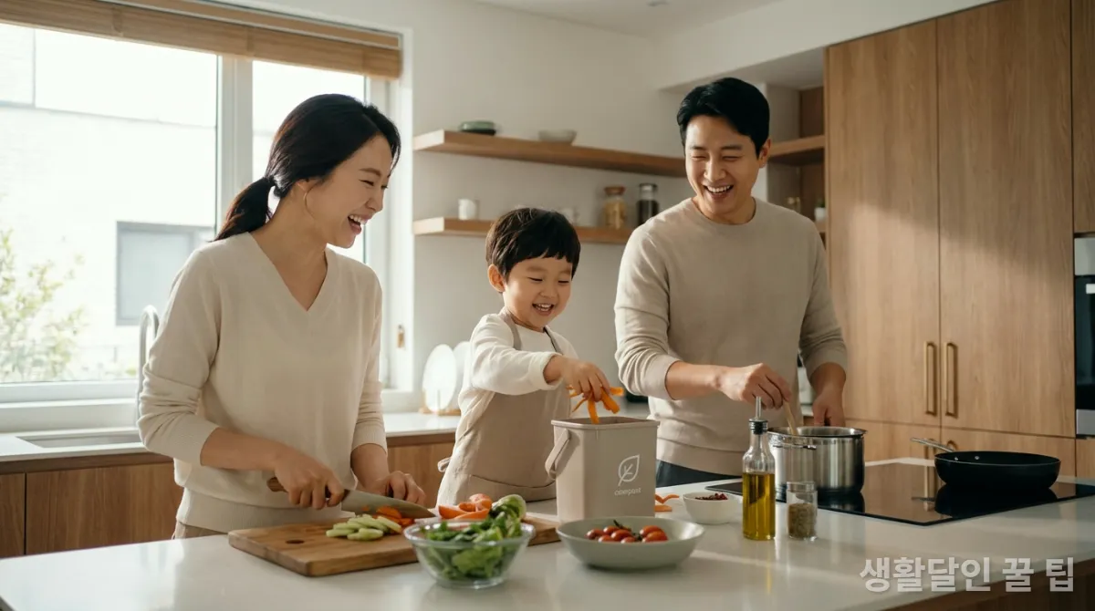 가족이 함께 음식물 쓰레기를 줄이기 위해 요리하는 모습